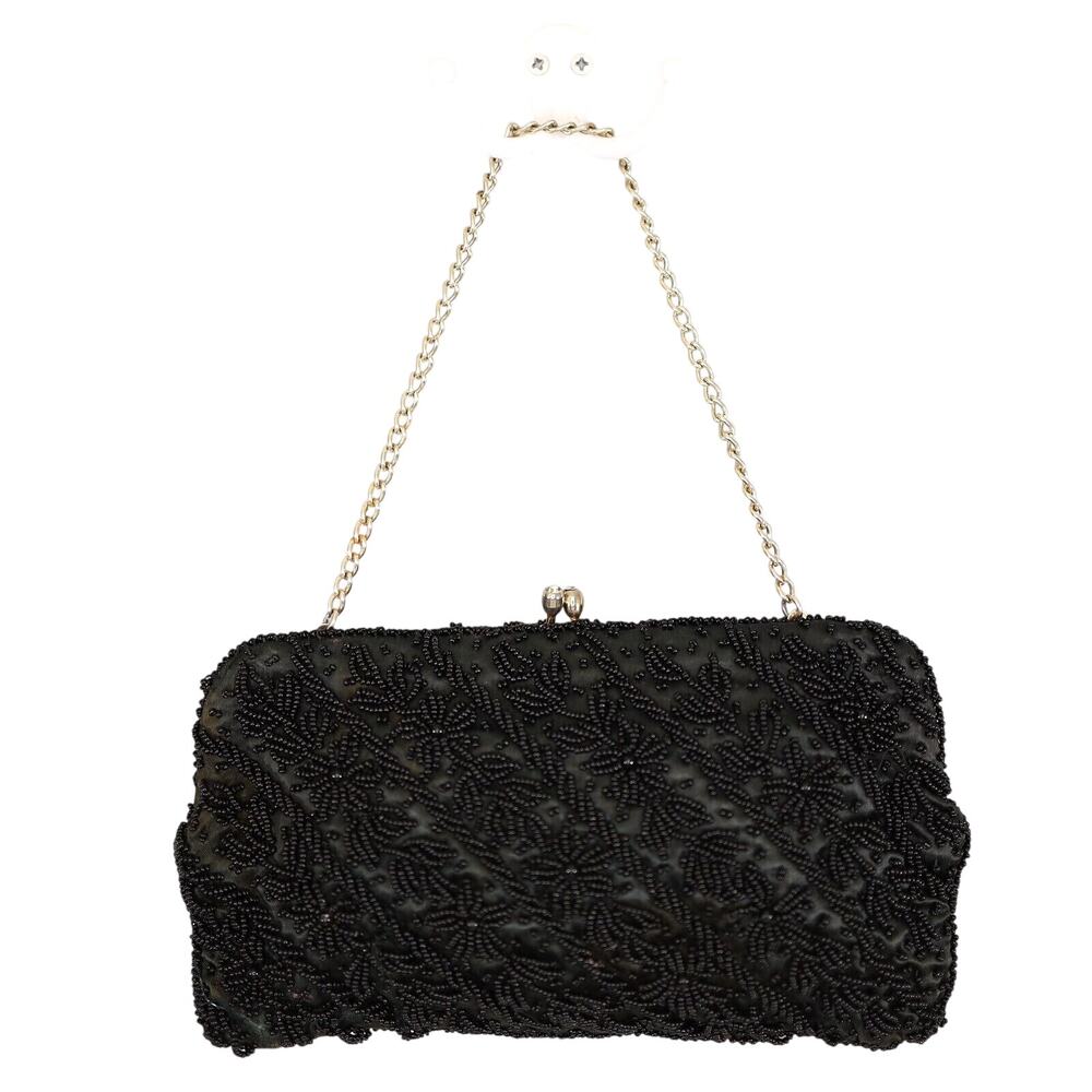 Black Bag Handbag Womens Formal Beaded Clutch Kiss Lock Wrist Chain 60s Vintage